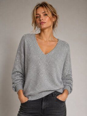 Vince Camuto Allover Sequin V-Neck Sweater Silver Large